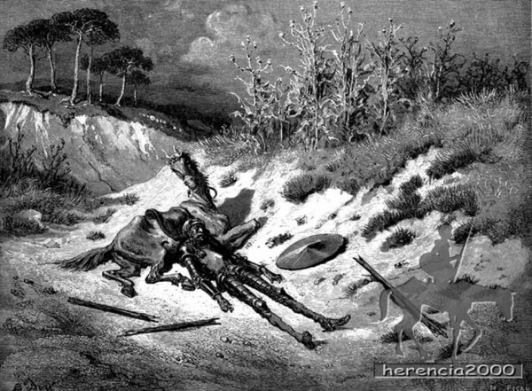 Don Quijote, echado en la tierra con Rocinante, pensando en Valdovinos y el Marqués de Mantua 