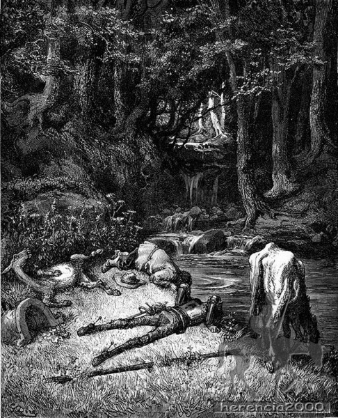 Don Quijote y Sancho beben de un arroyo Don Quijote y Sancho beben de un arroyo